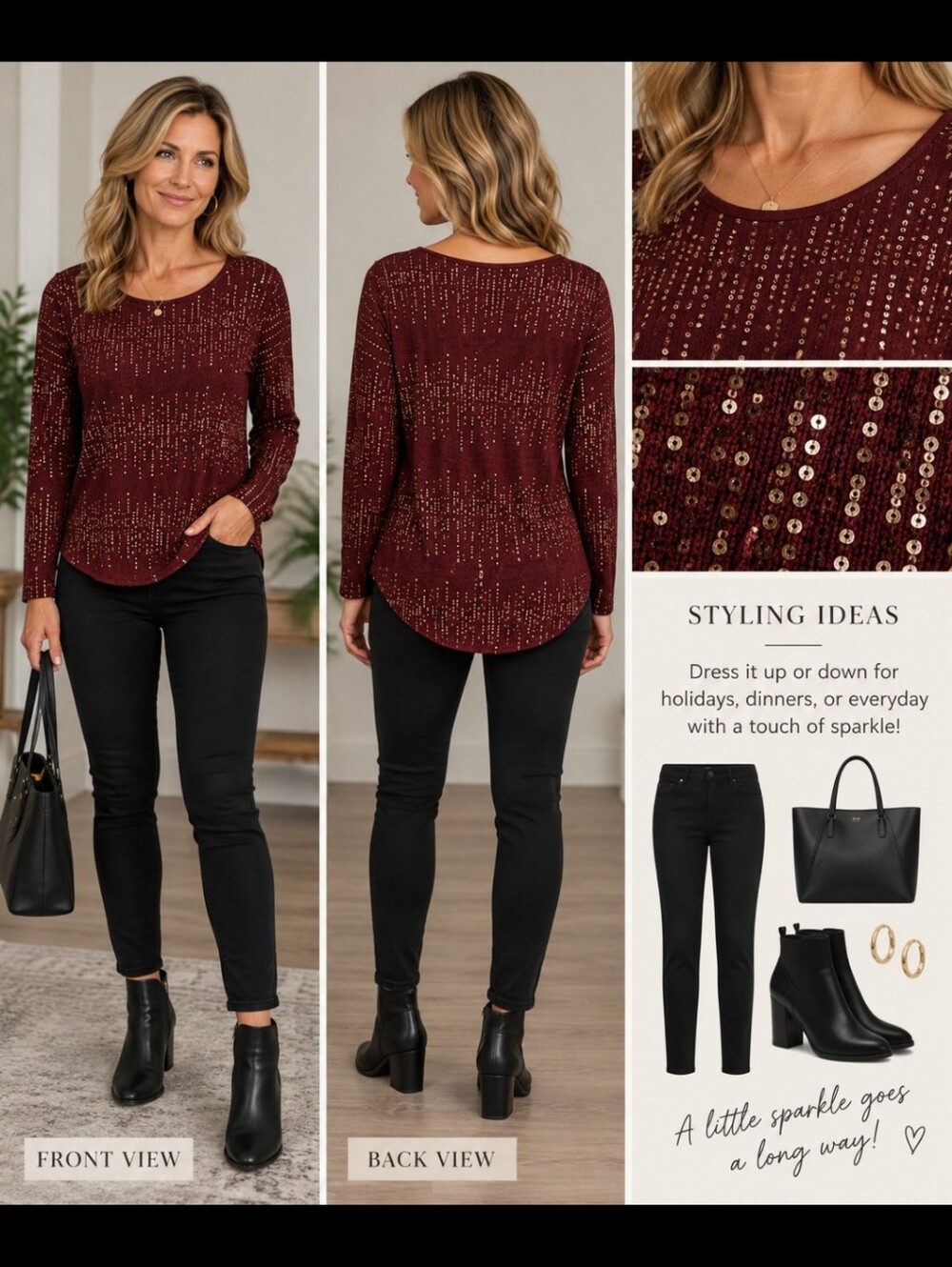 No Boundaries Burgundy Crewneck Sweater with Rose Gold Sequin Detail